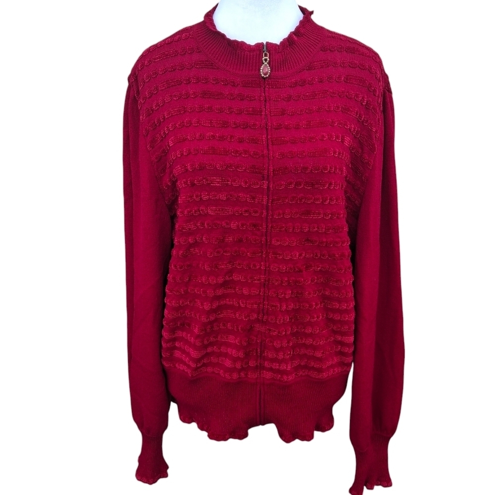 St. John Collection Red Knit Full Zip Long Sleeve Cardigan Sweater Women Size 14 - Picture 2 of 16